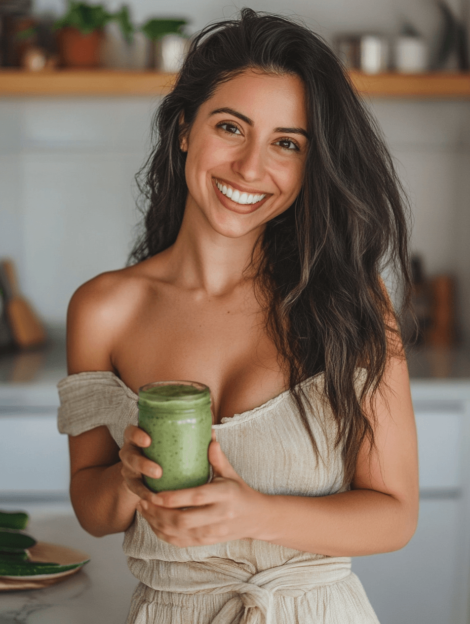 Mulher sorridente e saudável com suco verde — resultado do Método S.E.M