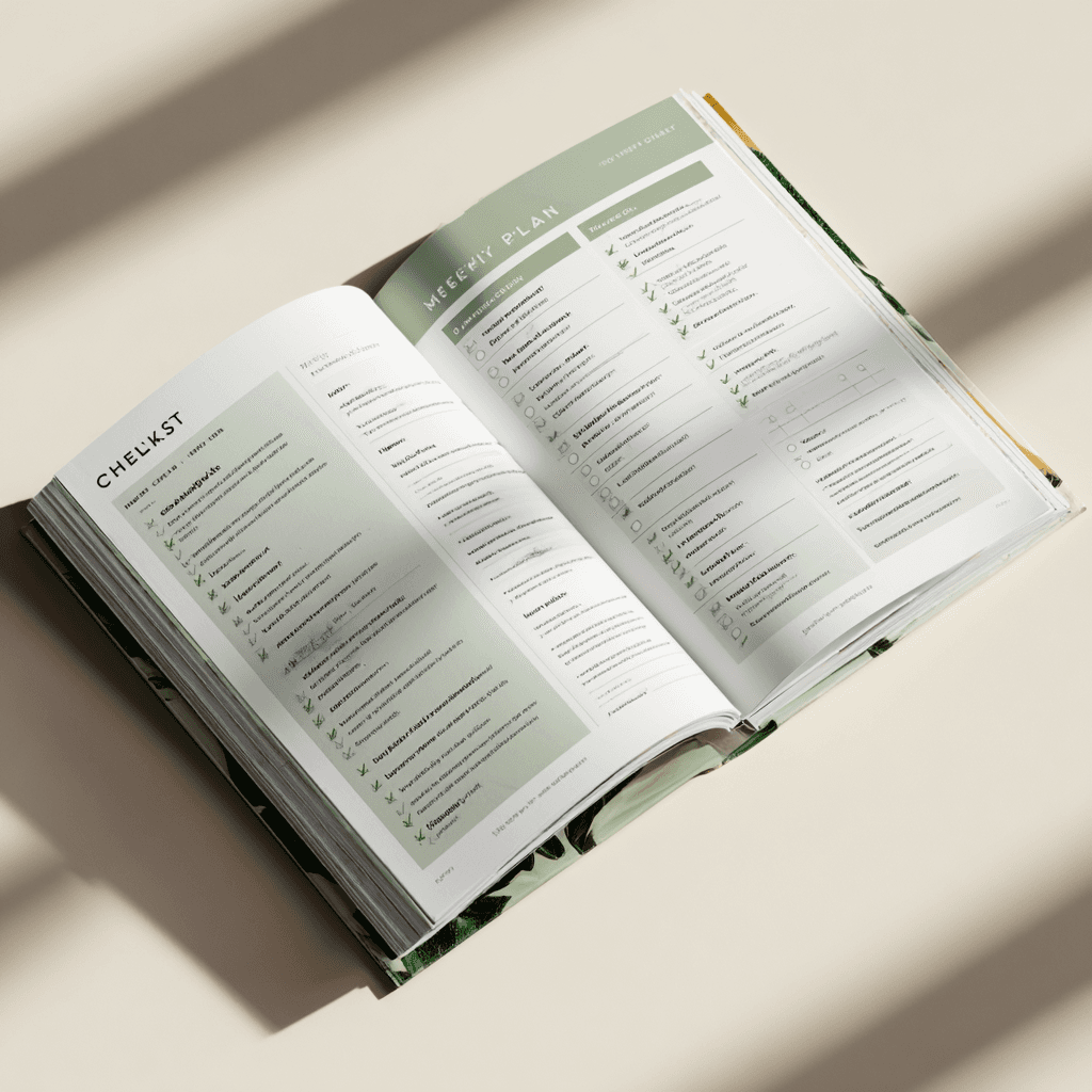 Páginas internas do ebook — checklist e plano de 7 dias