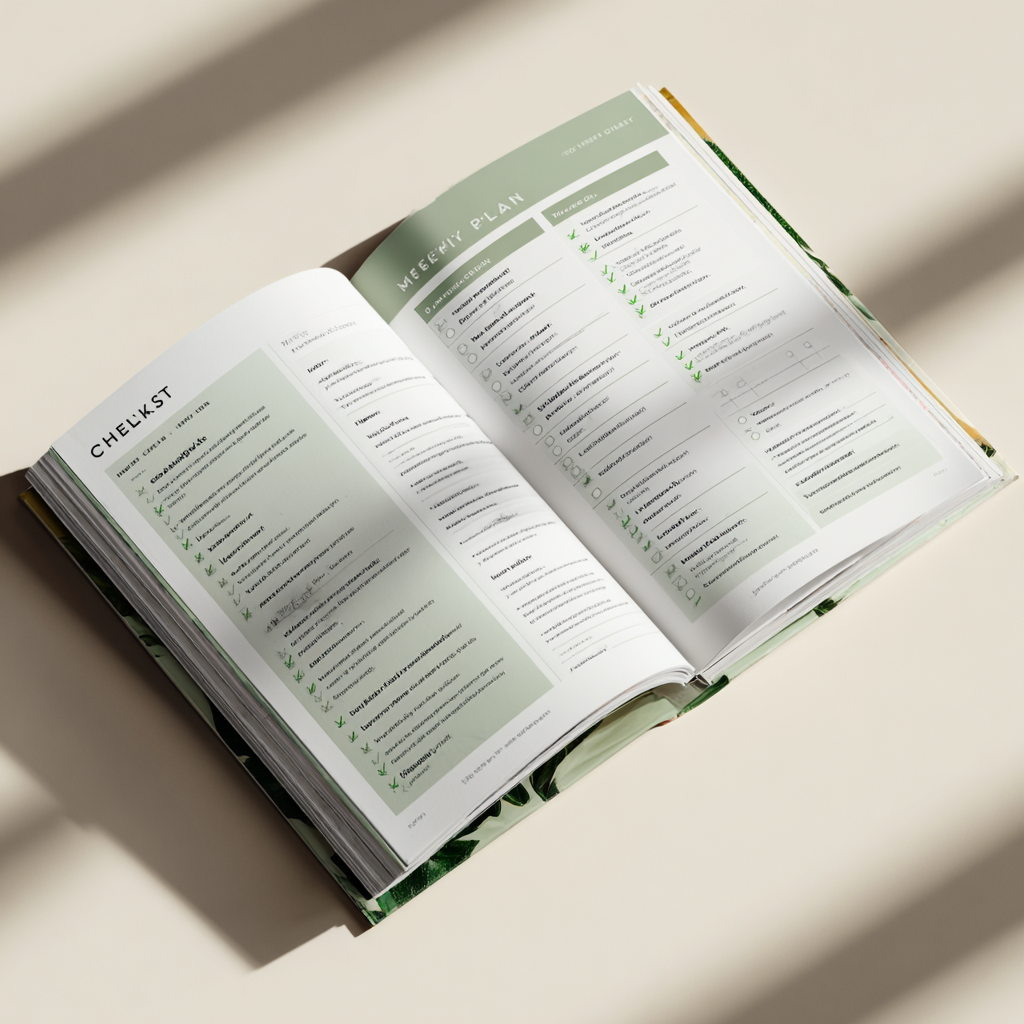 Páginas internas do ebook — checklist e plano de 7 dias